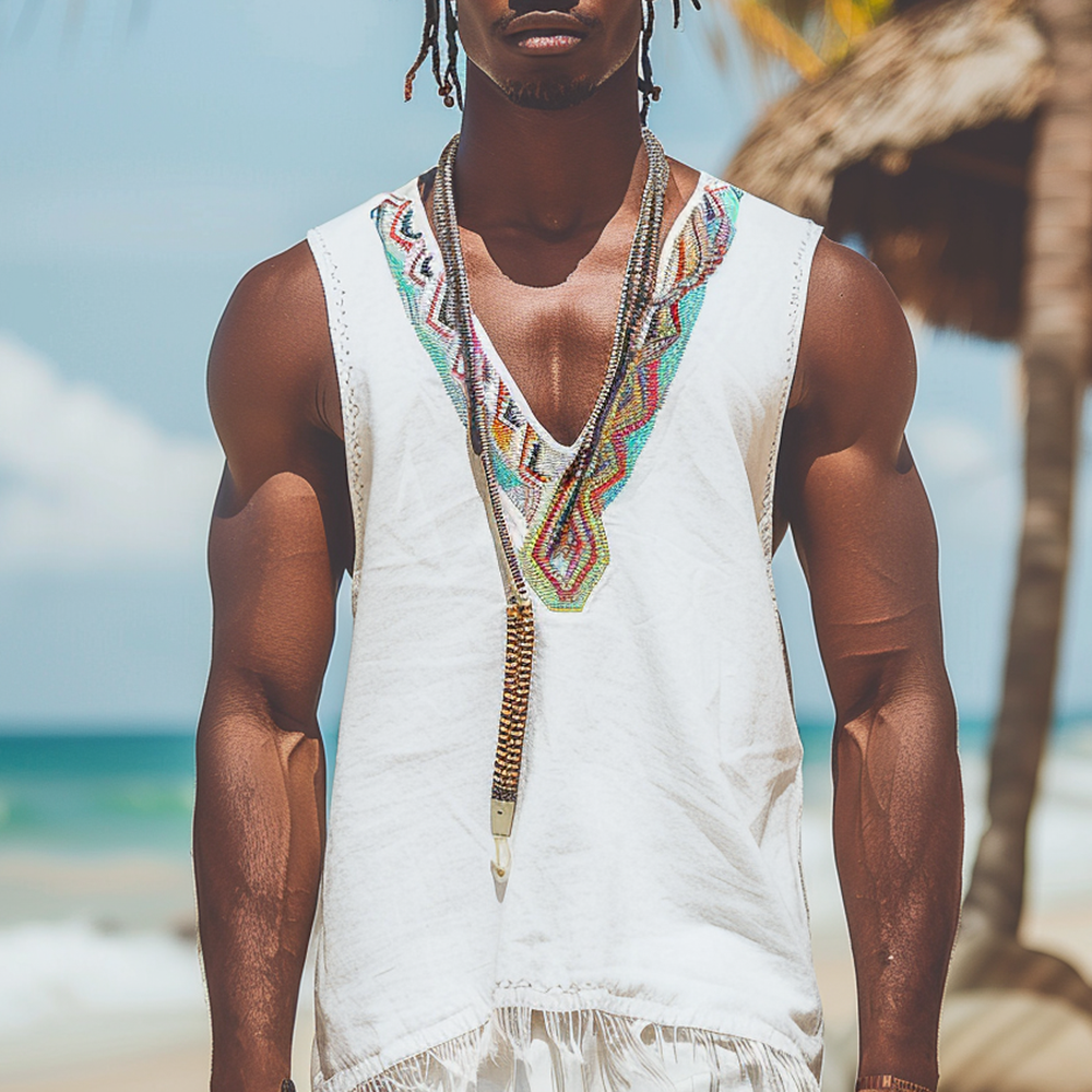 Men's V Neck Ethnic Linen Vest-inspireuse