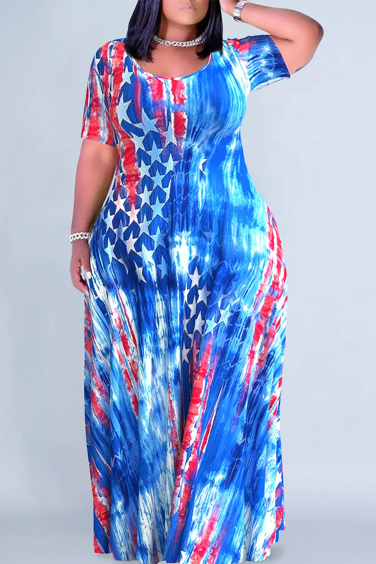 Plus Size Casual Blue All Over Print Round Neck Short Sleeve Maxi Dresses