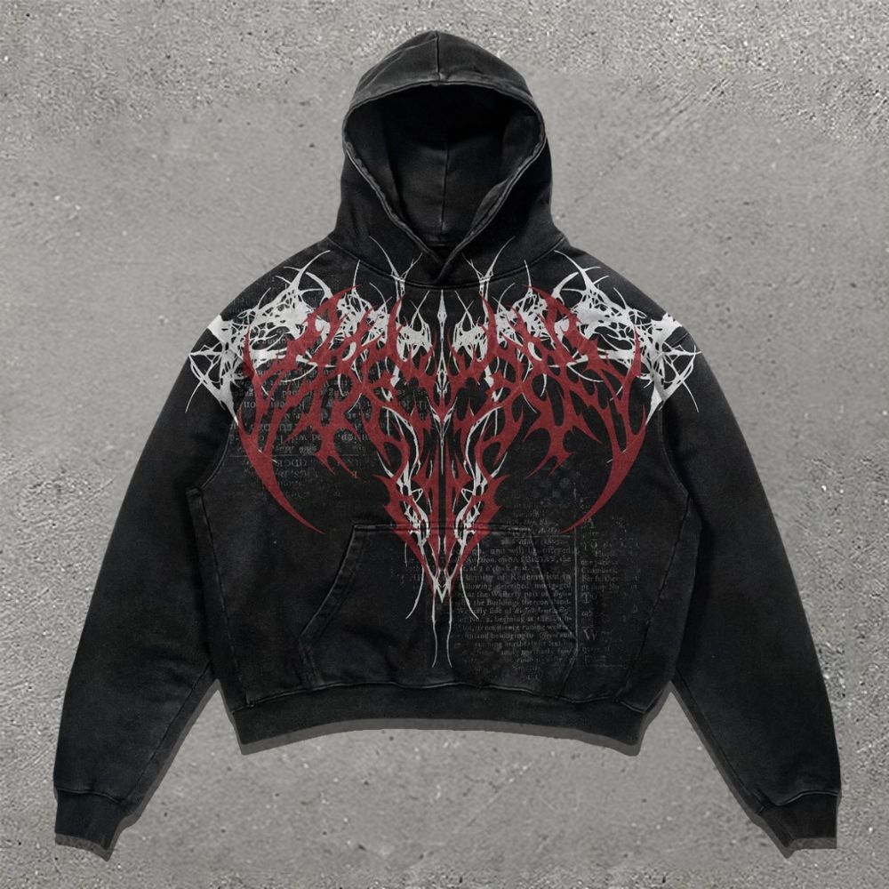 Dark Gothic Red White Thorn Pattern Black Hoodie