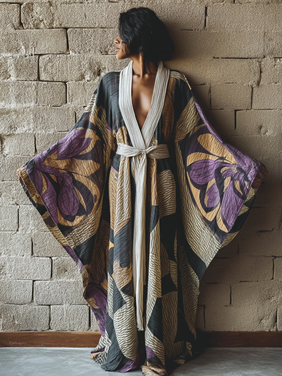Wisteria Dusk Kimono Linen Long Gown Robe With Belt