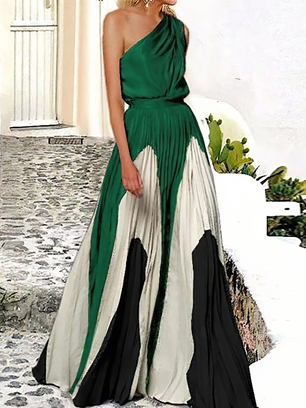 Picturesque Beauty Tulle Floral Pleated One Shoulder Sleeve Slit Maxi Dress