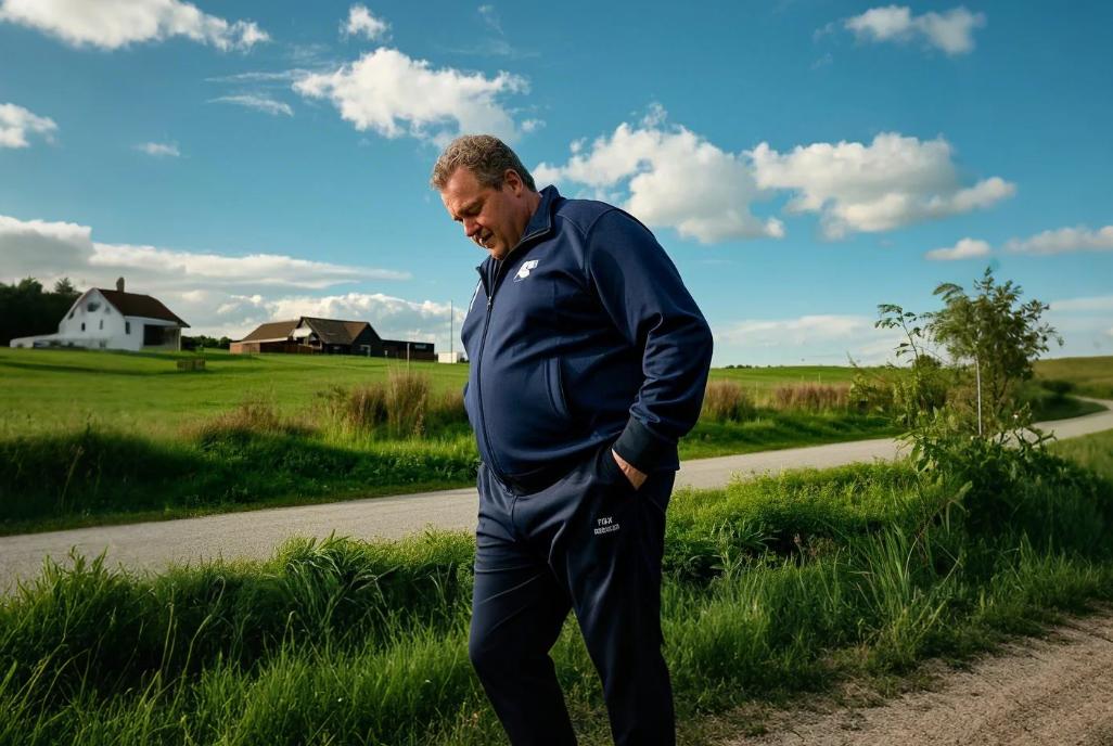 a man with big men's sweat suits jogging