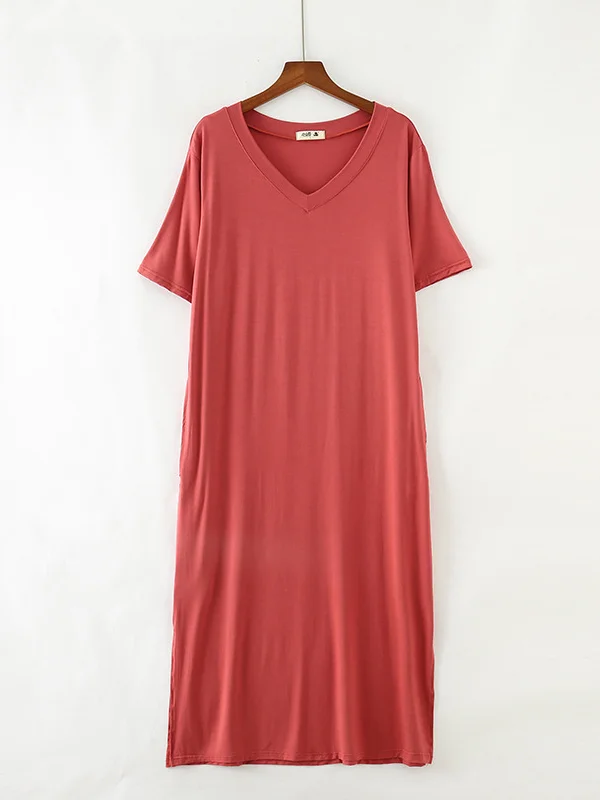 Simple Short Sleeves Loose Split-Side Solid Color V-Neck Pajamas Dress