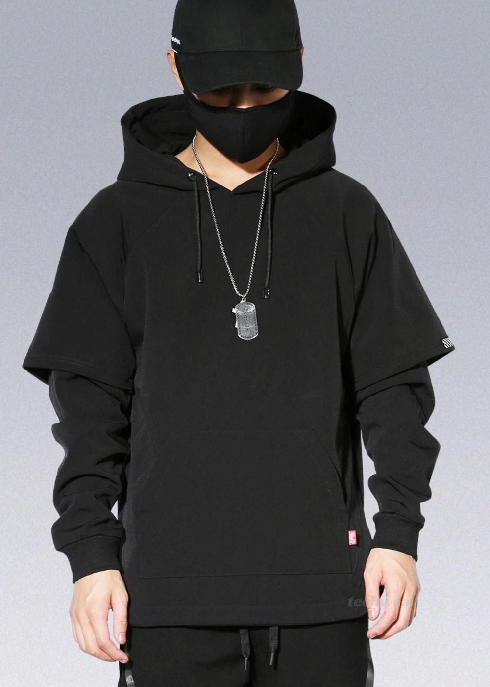 国内で当店のみ HAS2SONS - old fake two-piece pullover hoodie Fake 2-Piece Techwear Style Hoodie - Shop Darkwear Hoodies - X