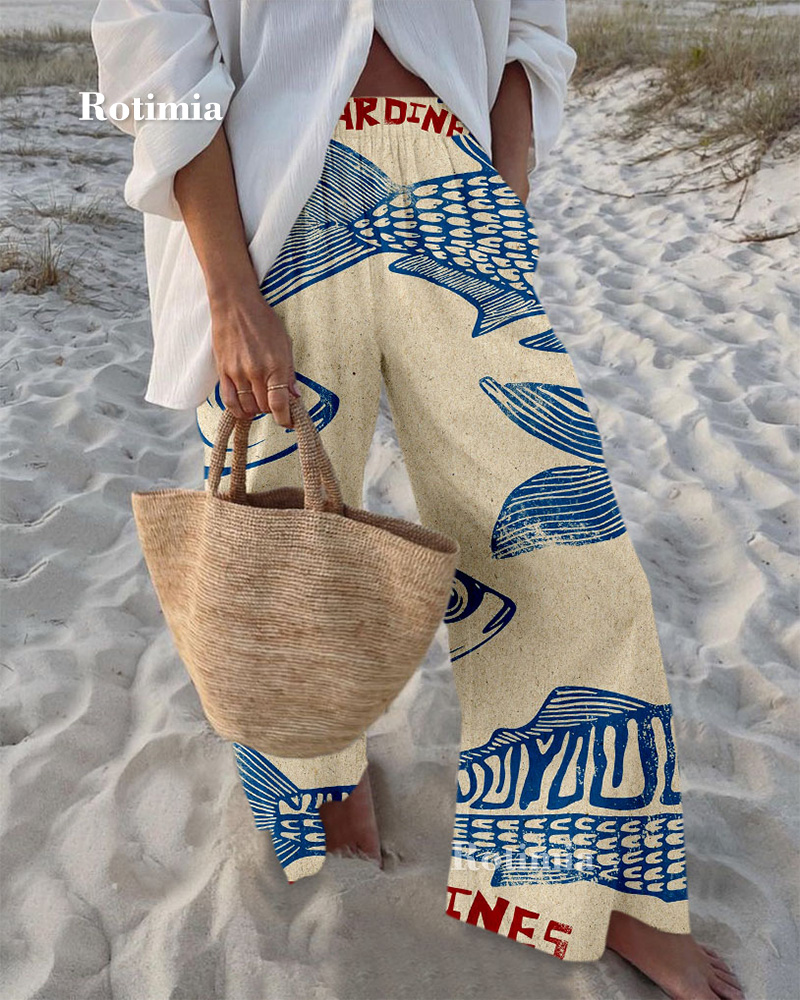 Vintage fish print casual pants