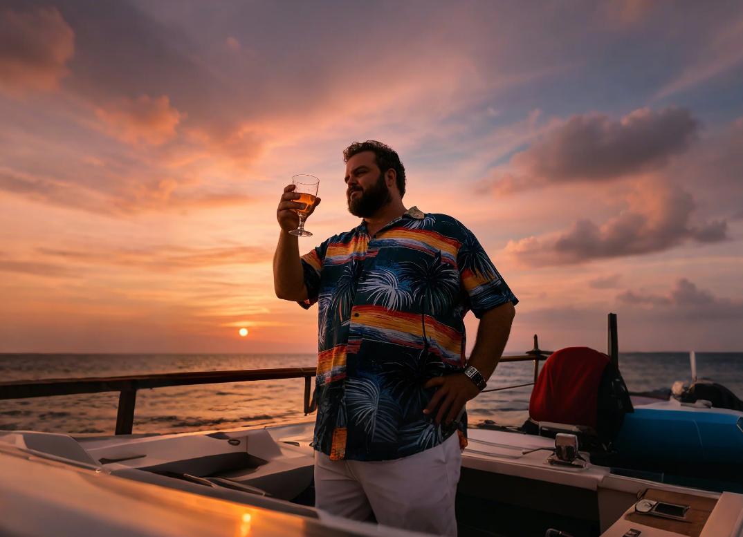 A big and tall man relaxing in the cruise with tropical shirts