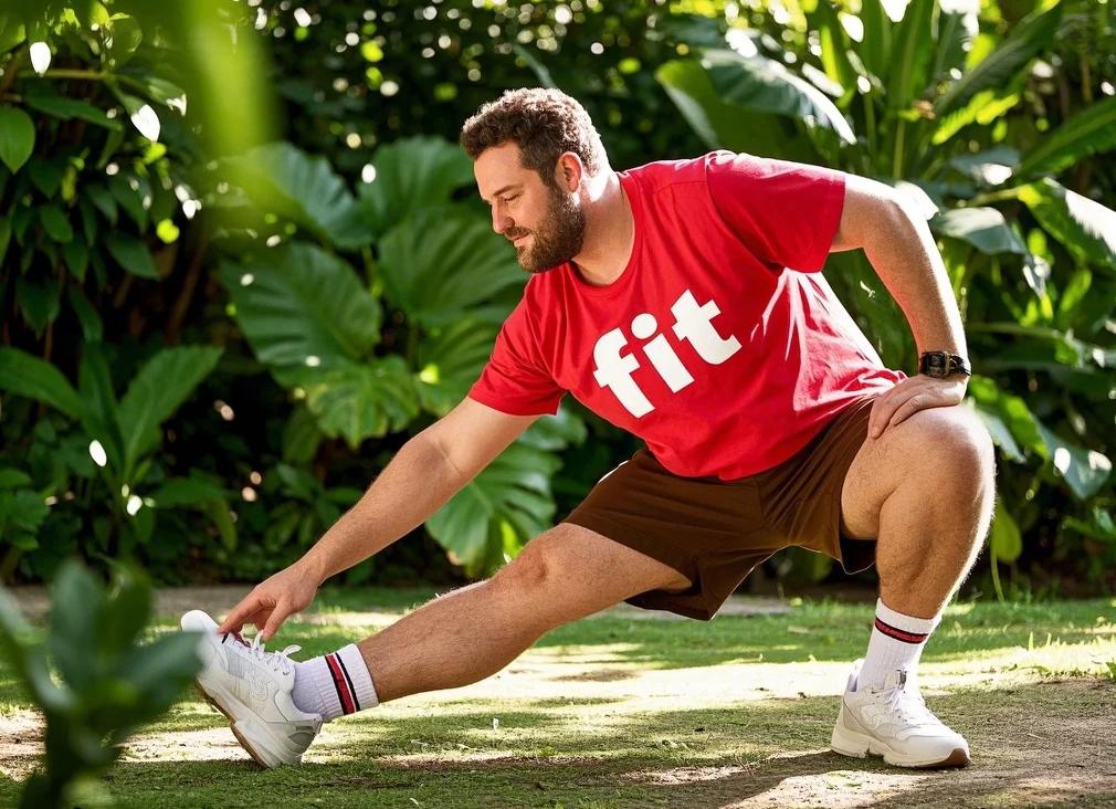 A man warms up before a workout in big and tall athletic shorts.