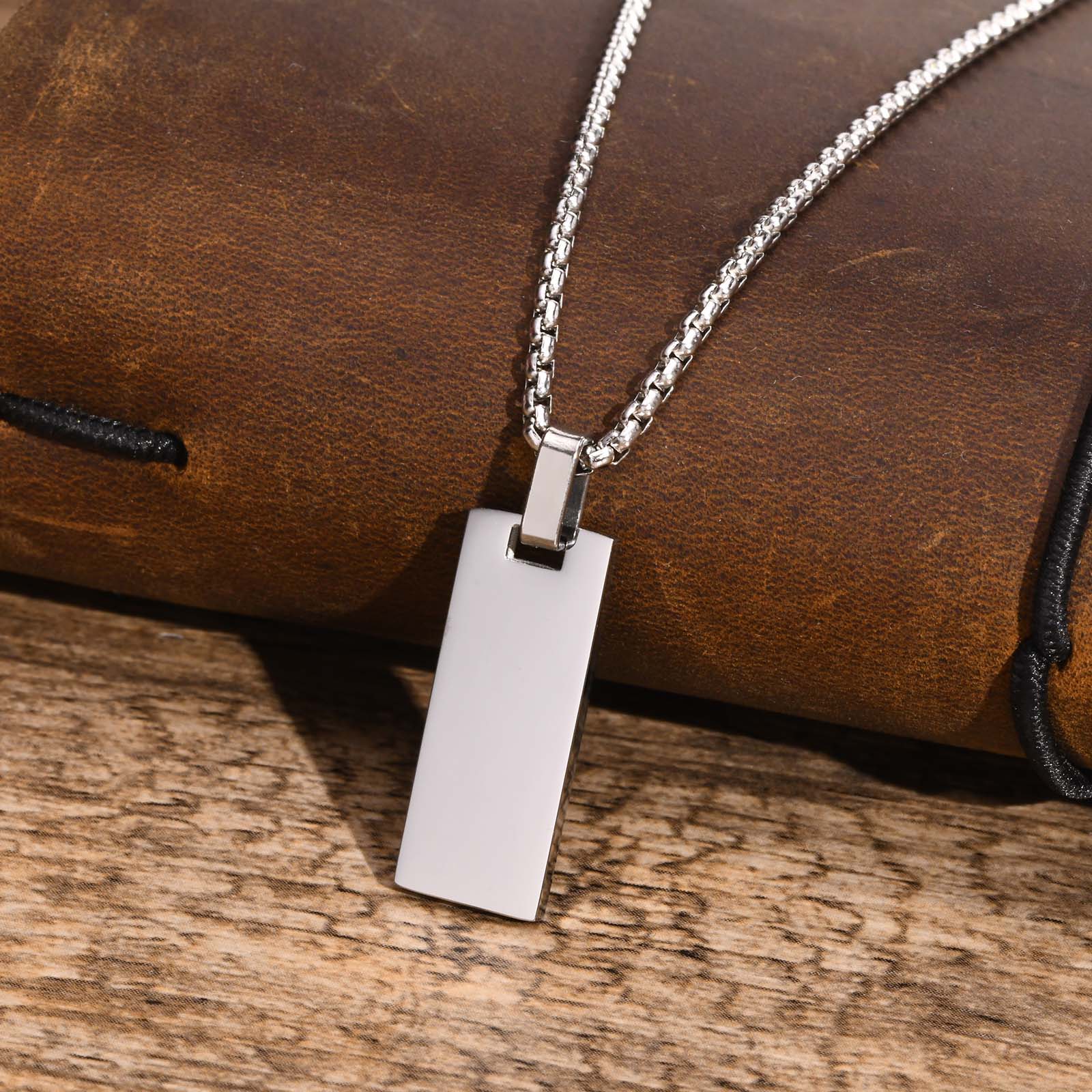 Free Custom Initial Letter Bar Necklaces for Men Boys, Waterproof Stainless Steel Geometric Pendant Collar with Box Chain Silver PN-1824S-55cm