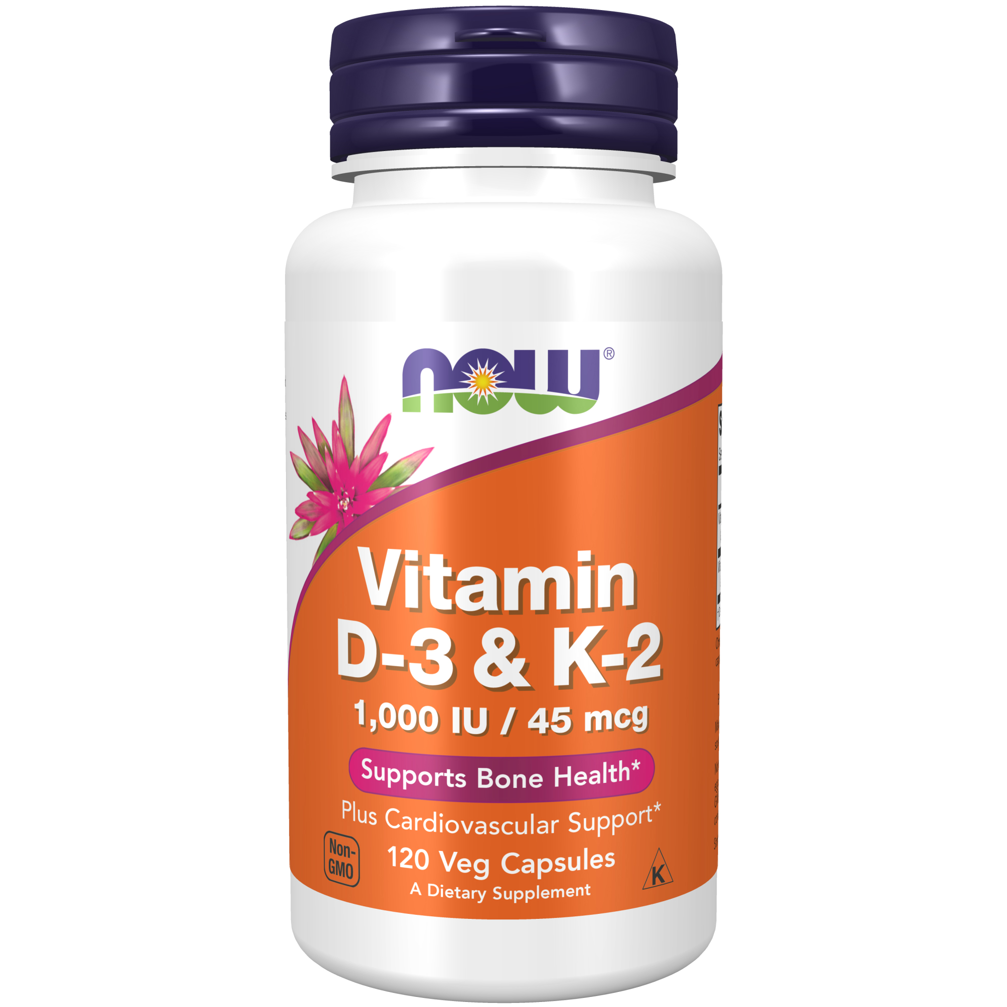 Vitamin D-3 & K-2, 1000 IU/45 mcg, Plus Cardiovascular Support*, Supports Bone Health*, 120 Veg Capsules NOW HEALTH GROUP