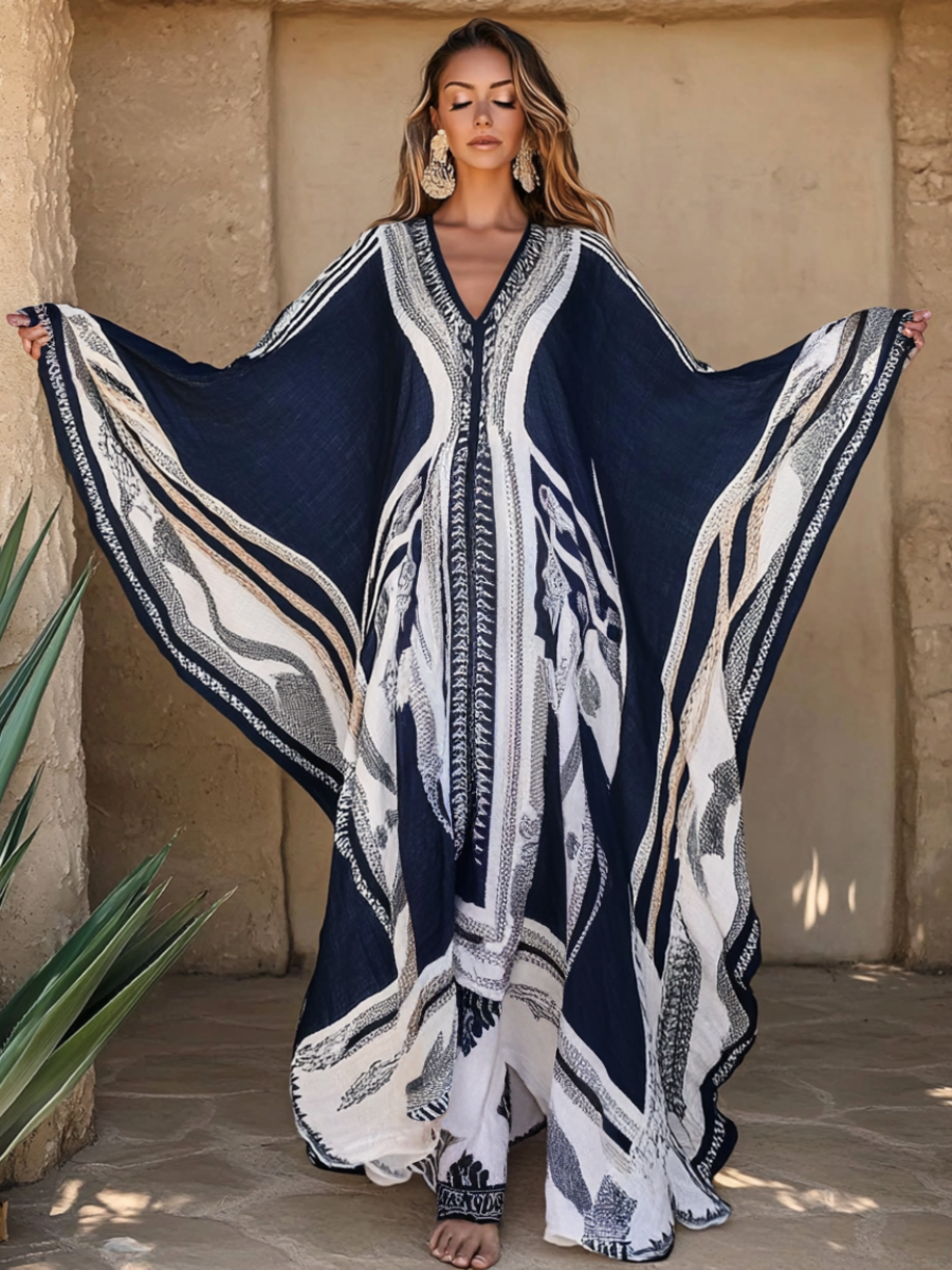 Women's Navy Printed Linen V-Neck Robe