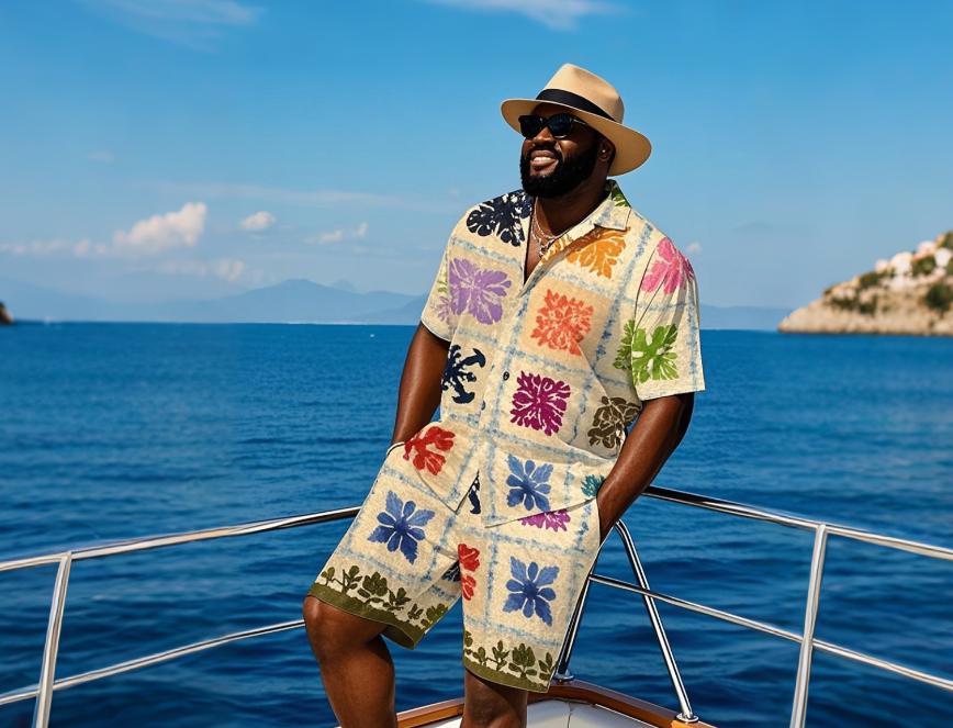 A big and tall man wearing a Hawaiian shirt and a straw hat on vacation.