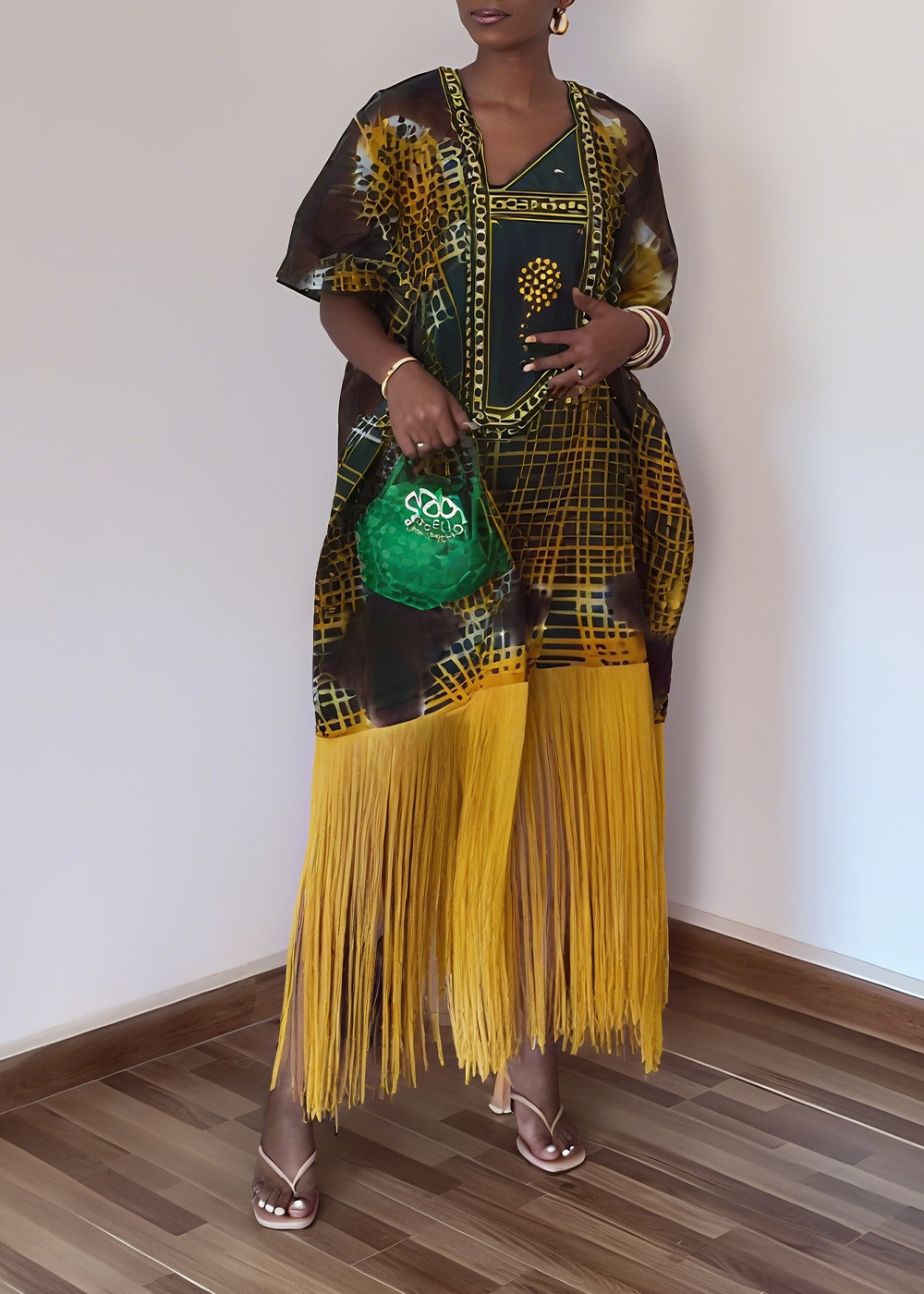 Elegant Print Dress with Fringe Hem