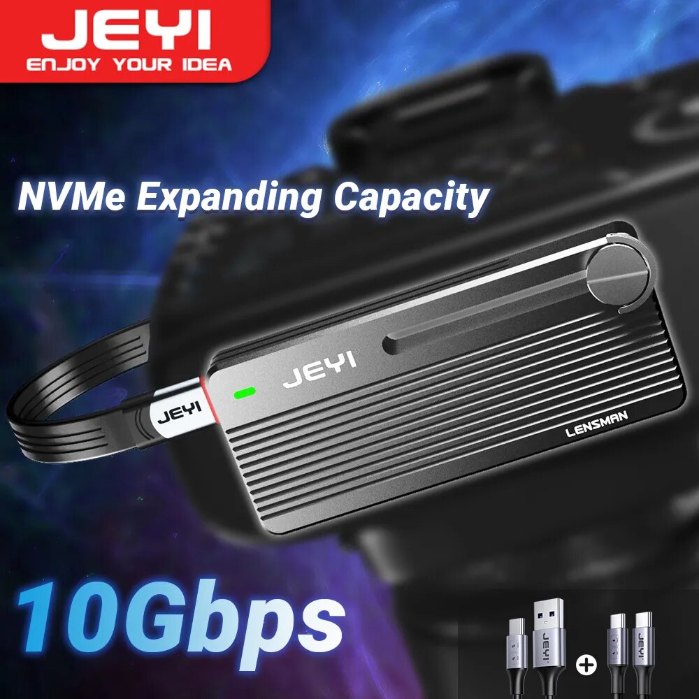 JEYI M.2 NVMe SSD Enclosure with Camera Mounting Screw, USB 3.1 Gen2 10Gbps Transfer Camera Footage, Compatible with PC, phone