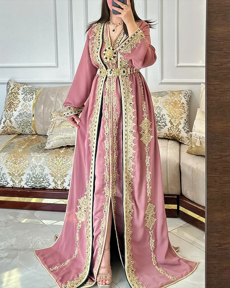 Women's V Neck Long Sleeve Embroidered Dress