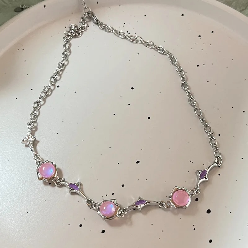 Korean Crystal Opal Moonstone Necklaces for Women Layered Zircon Star Choker Collar Y2K Aesthetic Trendy Egirl Necklace Jewelry 2