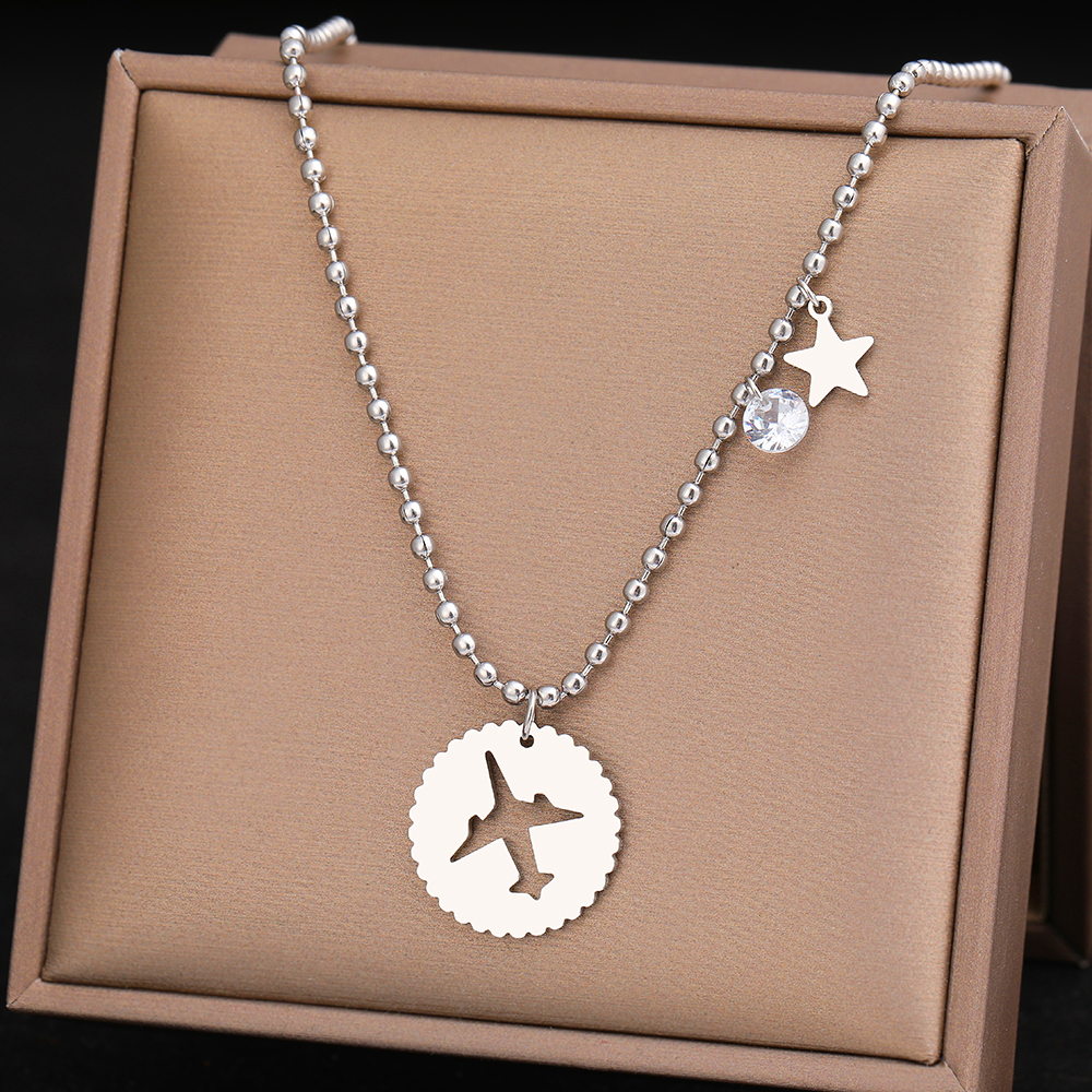 Stainless Steel Necklaces Airplane Star Crystal Zircon Pendant Bead Chain Means Safe Landing Choker Necklace For Women Jewelry Silver Color