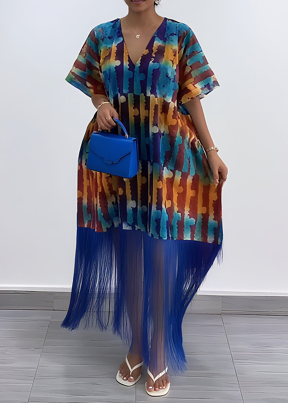 Elegant Blue Print Dress with Fringe Hem