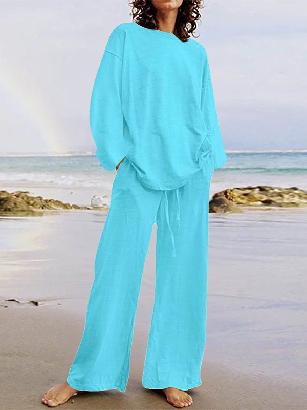 Women Fashion Casual Loose Round Neck Long Sleeve Top Straight Pants Two-Piece Set main image 0