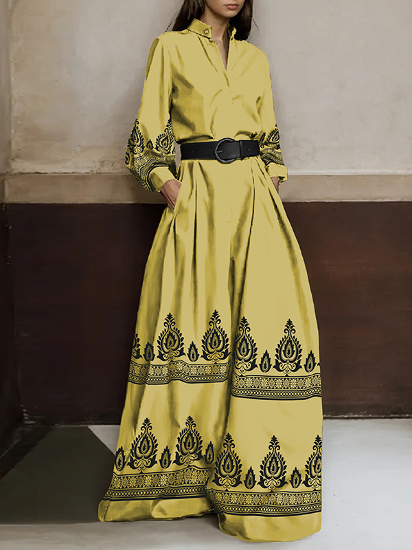 Exquisite Folk Style Printed Wrap Collar Jumpsuit