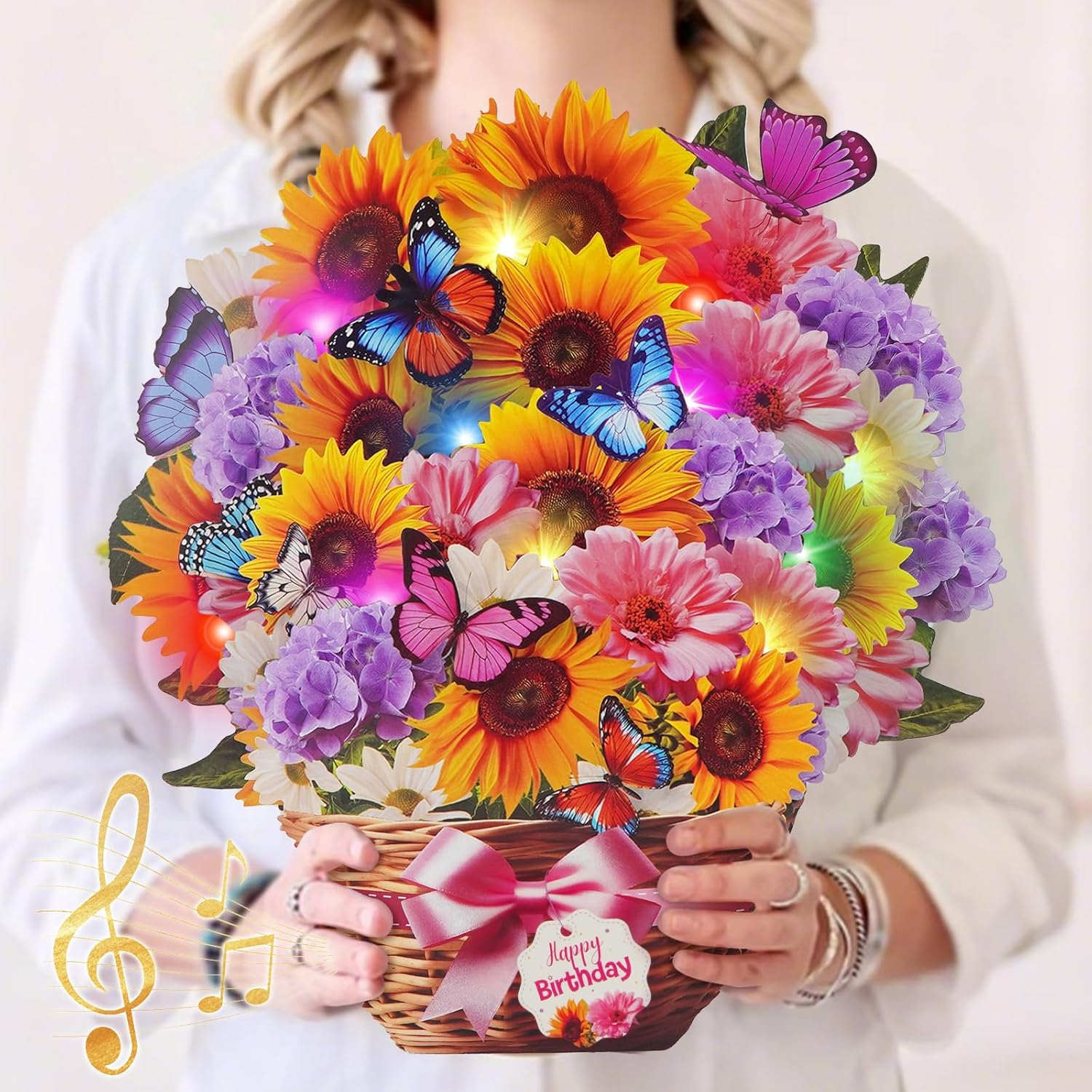 Birthday Cards with Music & Lights - Pop Up Sunflower & Butterfly Forever Flower Bouquet