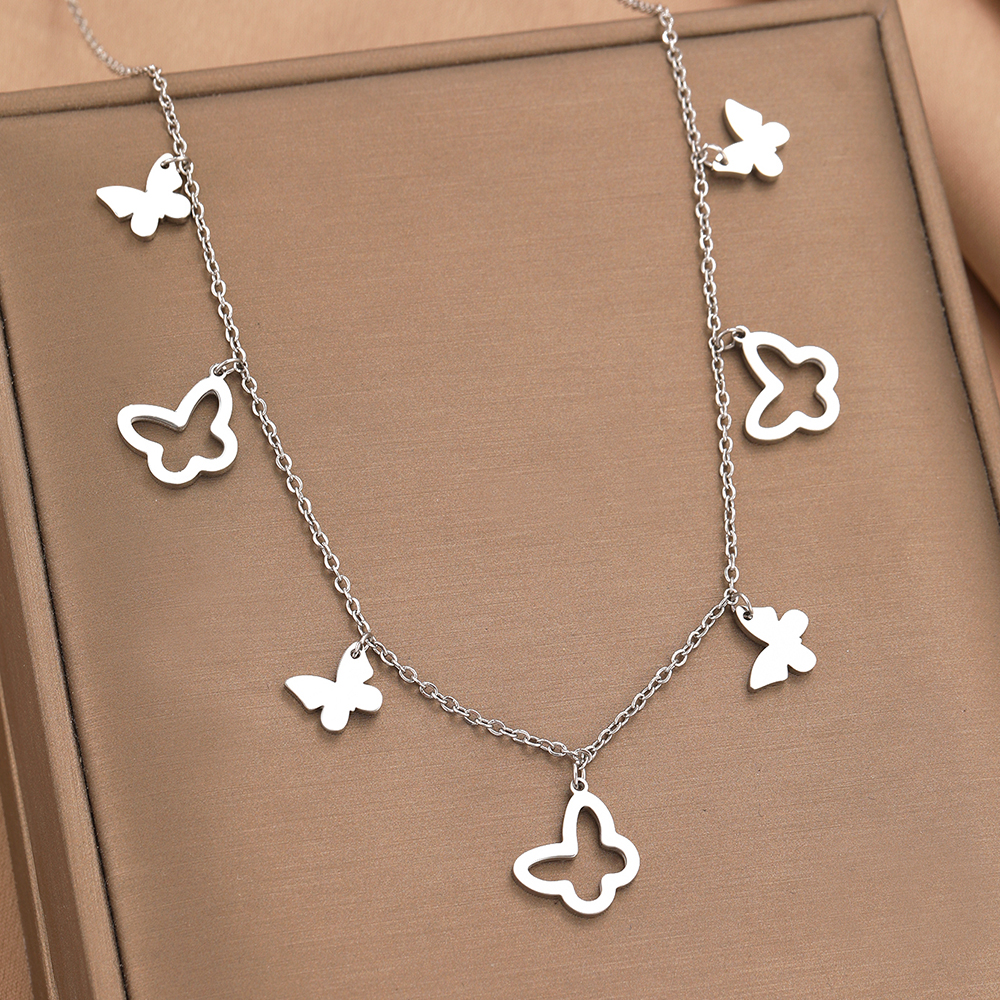 Stainless Steel Necklaces Exquisite Elegant Butterfly Pendant Collar Chain Light Luxury Necklace For Women Jewelry Gifts Silver Color