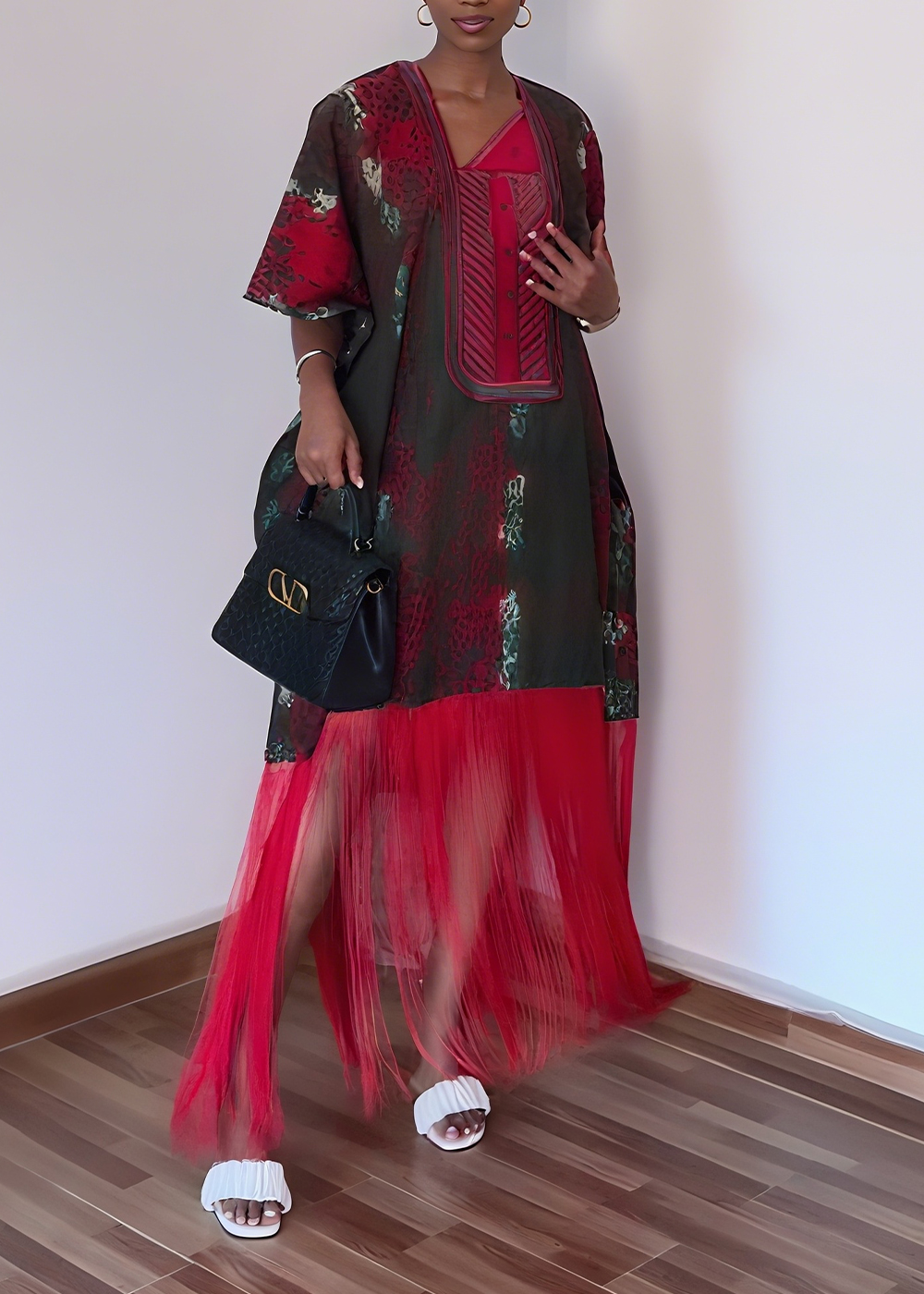 Elegant Print Dress with Fringe Hem