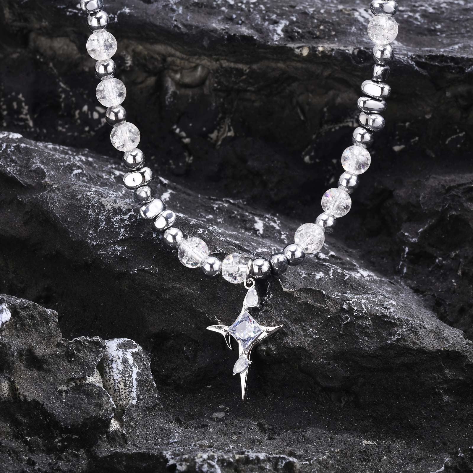 Mprainbow Small Irregular Cross Necklaces,Ice Crack Bead Titanium Steel Splicing Men and Women's High Tide,Unisex Jewelry