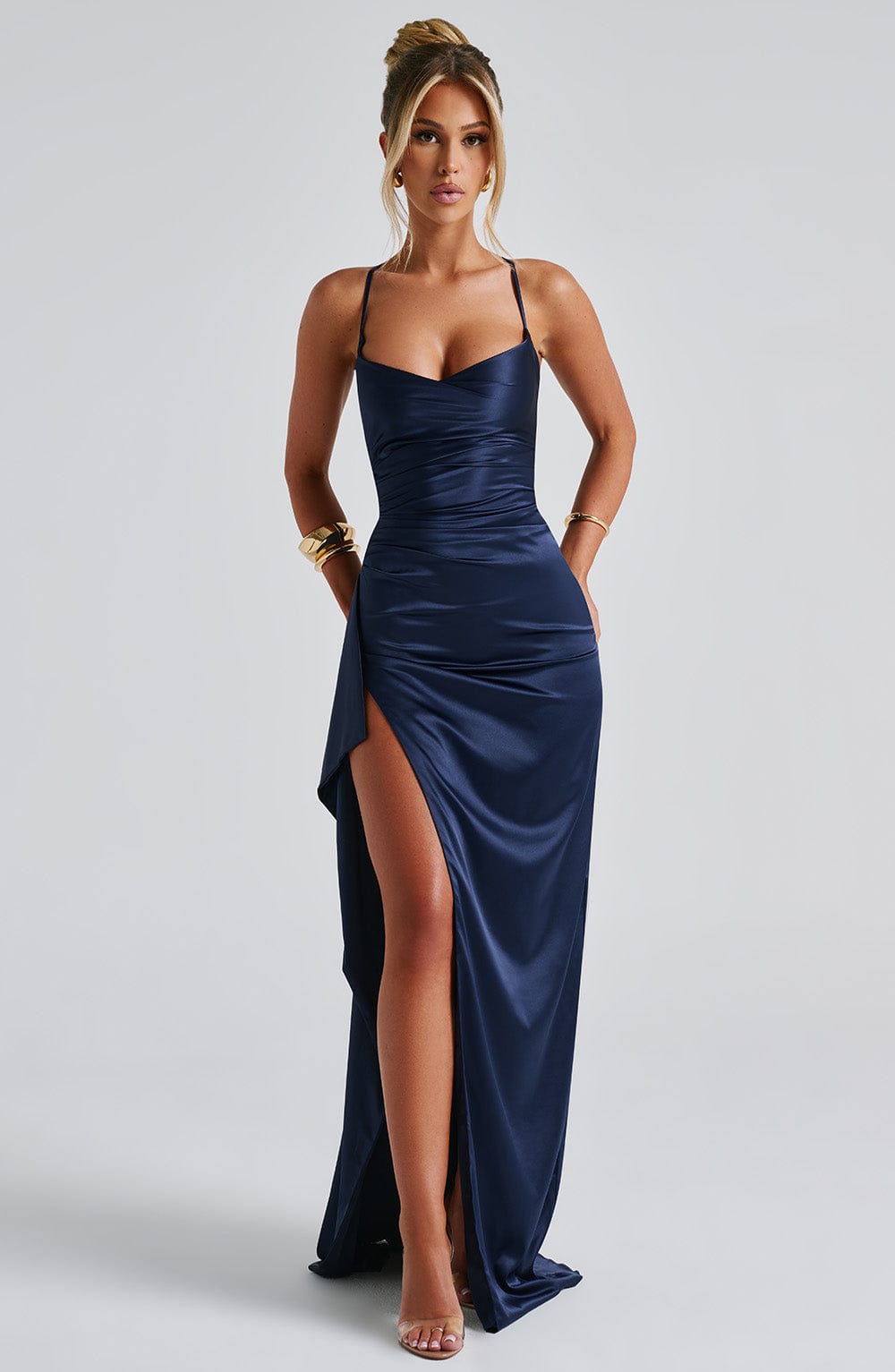 Navy Satin Maxi Dress