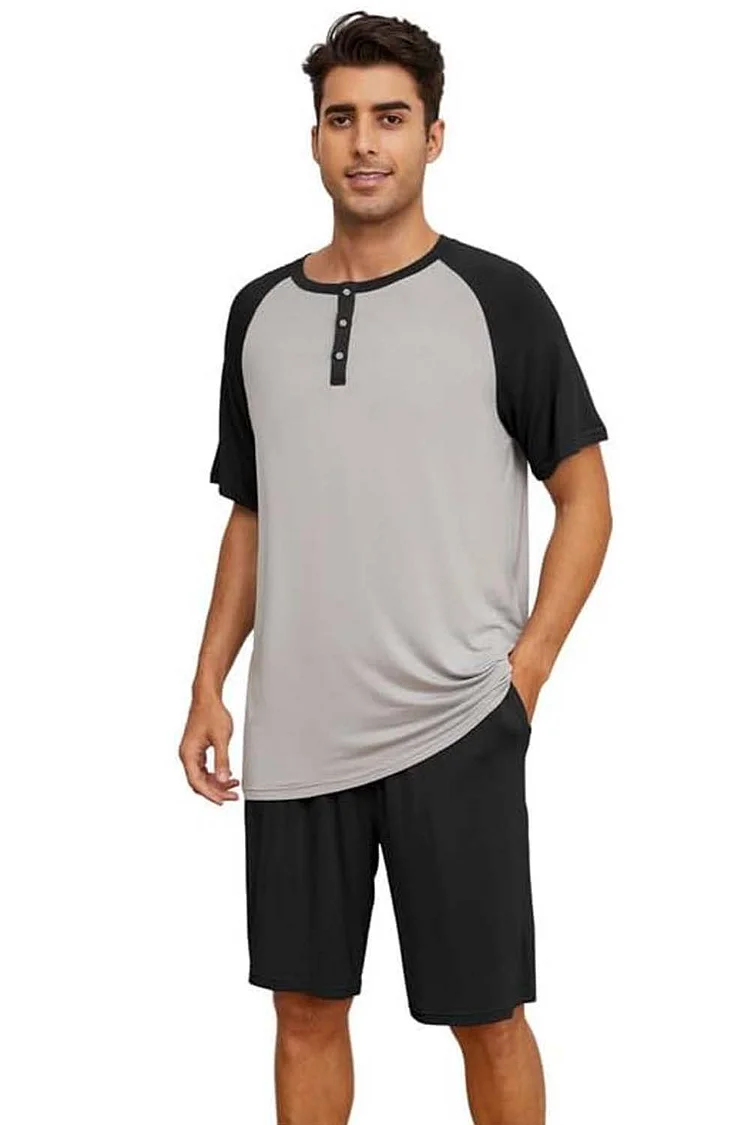 Vulcanodon Mens Pajama Set, Bamboo Lightweight Short Sleepwear for Men(Light Grey+Black,Large)