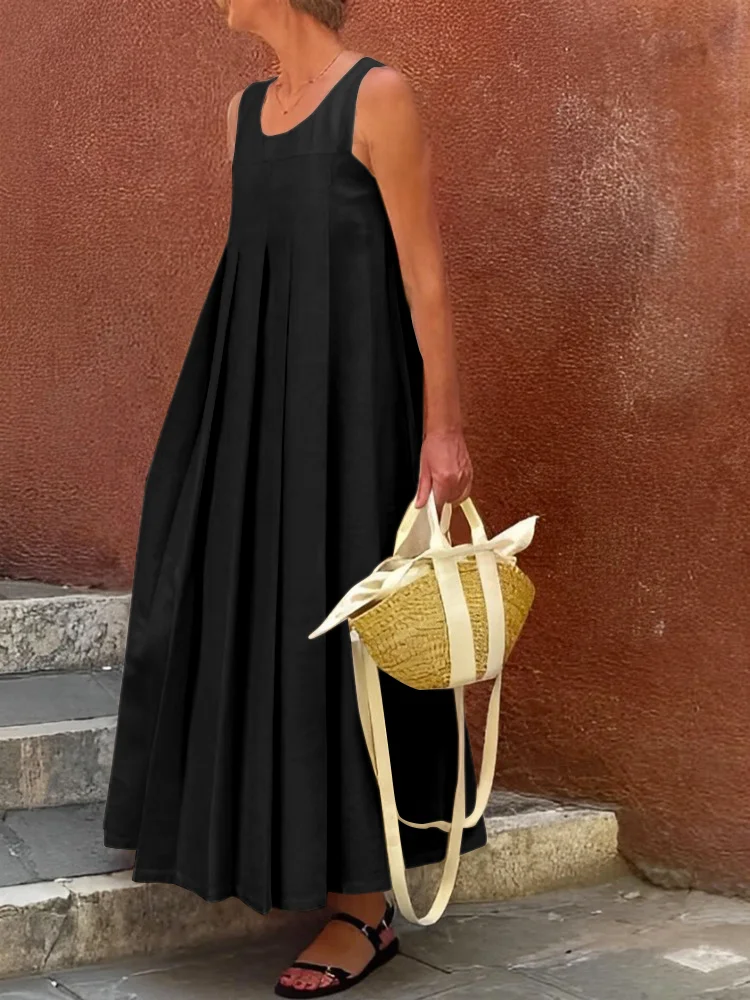 Round-Neck Maxi Dress with Sleeveless Loose Fit, Pleats, and Solid Color