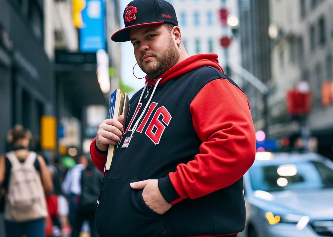 a men with bold hoodie enjoy big men’s urban fashion