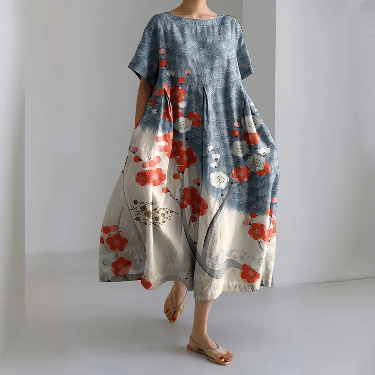 Comstylish Japanese Art Flower Print Short Sleeve Loose Midi Dress