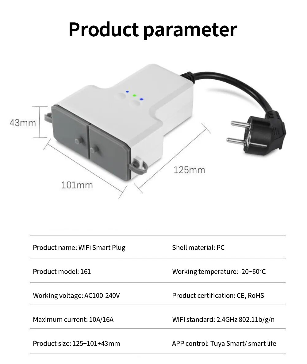 Tuya 16A Waterproof Outdoor WiFi Smart Socket 