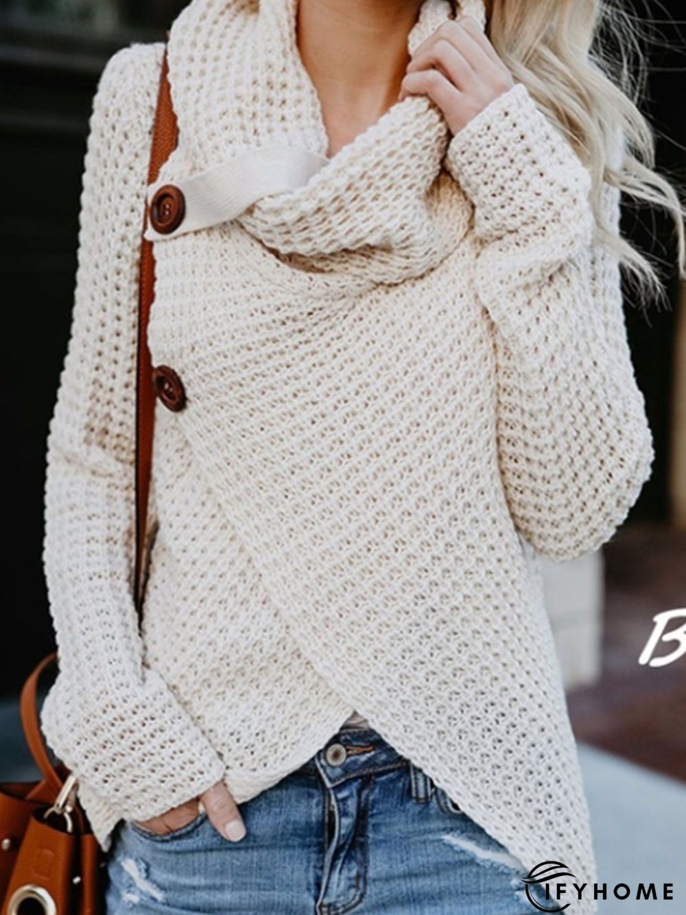 Asymmetrical Slit Cowl Neck Knitted Sweater | IFYHOME