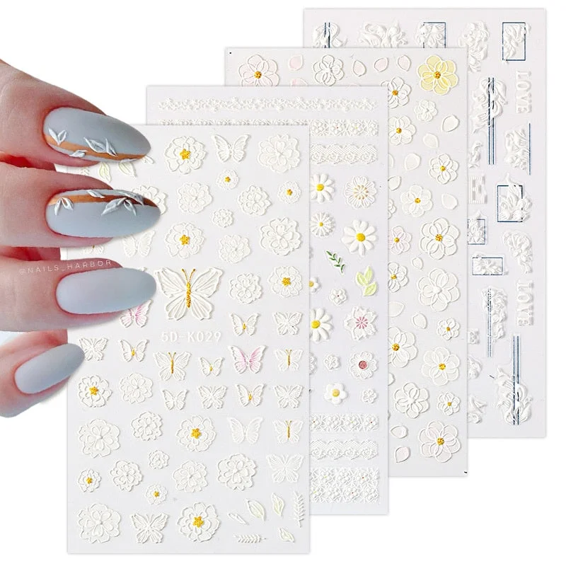 1PC White Embossed Flower Lace 5D Nail Stickers Flower Butterfly Wedding Nail Art Designs Decoration For Manicures