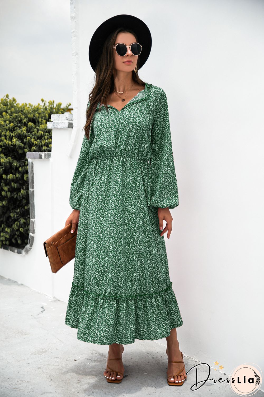 Long Sleeve V-neck Floral Dress