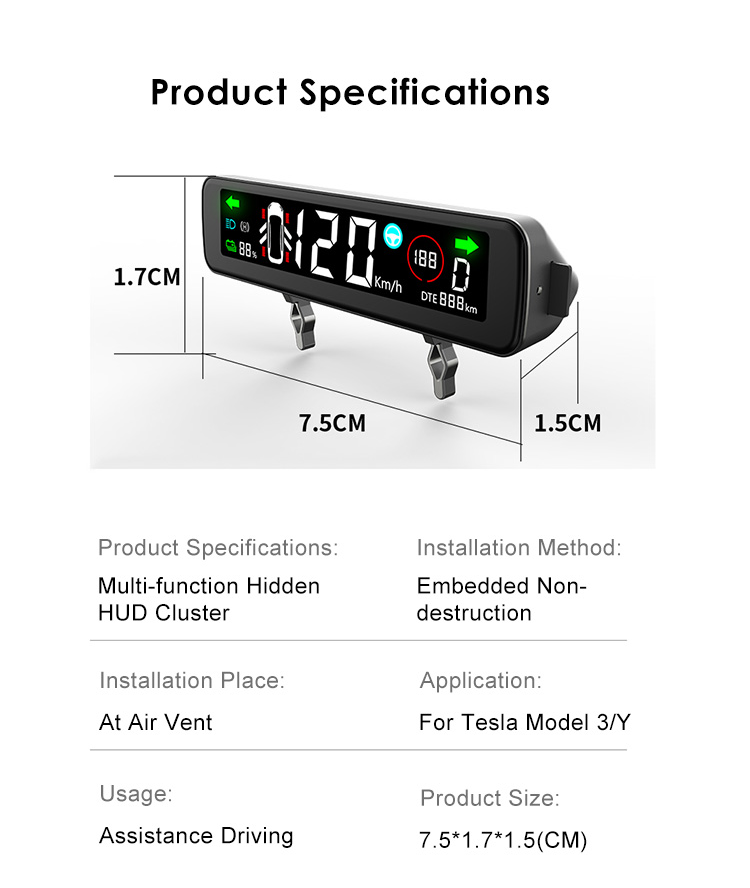 TESLASY Model 3/Y Dashboard Hidden HUD Mini Head-up Display Cluster Speedmeter