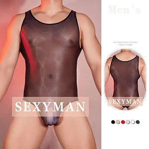 Men's Sexy Tight High Elastic Shiny Thin Transparent Jumpsuit