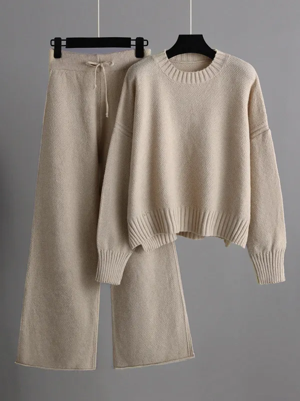 Texture Round Neck Long Sleeve Top and Pants Set