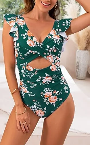 Ruffle Cutout Tummy Control V Neck Wrap One Piece Swimsuit 