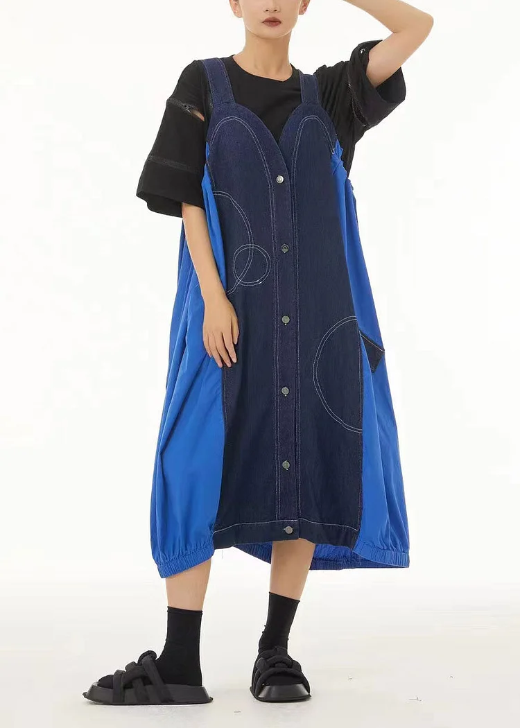 5.1Denim Blue Patchwork Cotton Strap Dress Oversized Summer