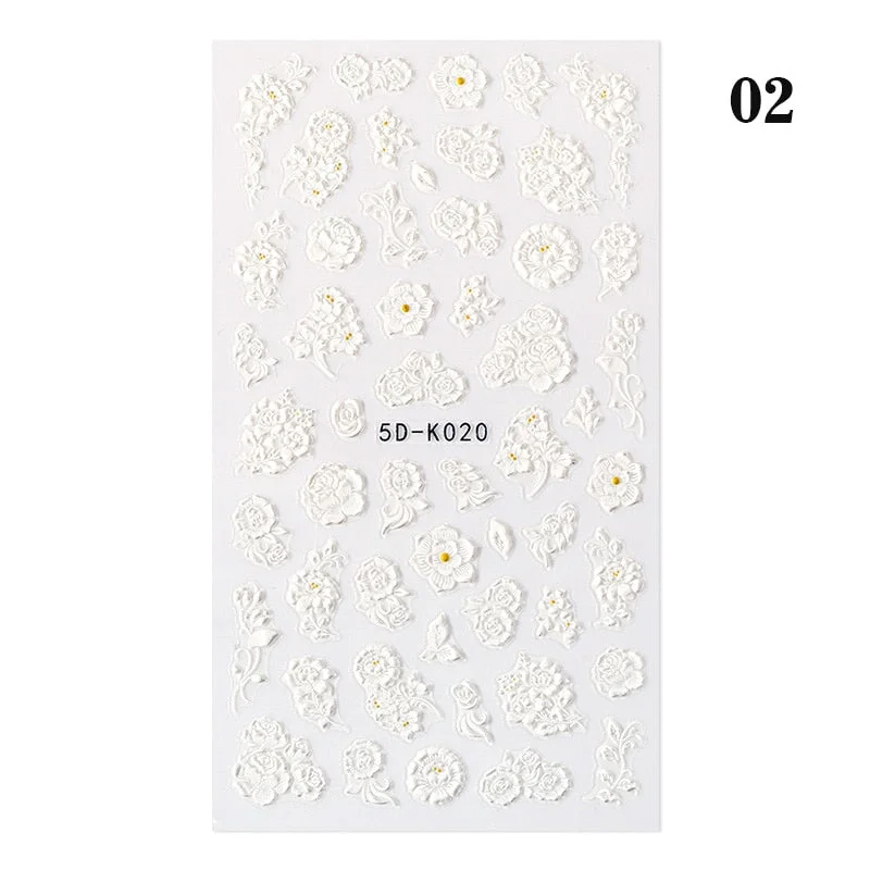 1PC White Embossed Flower Lace 5D Nail Stickers Flower Butterfly Wedding Nail Art Designs Decoration For Manicures