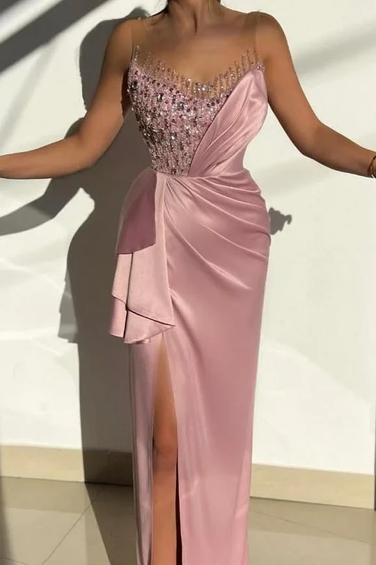Lussooy Beautiful Sleeveless Pink Satin Split Prom Dress with Beadings  