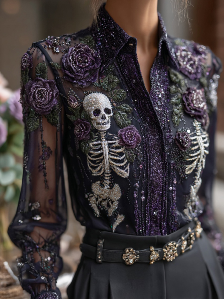 Vintage Skull Skeleton And Purple Roses Flowy Shirt