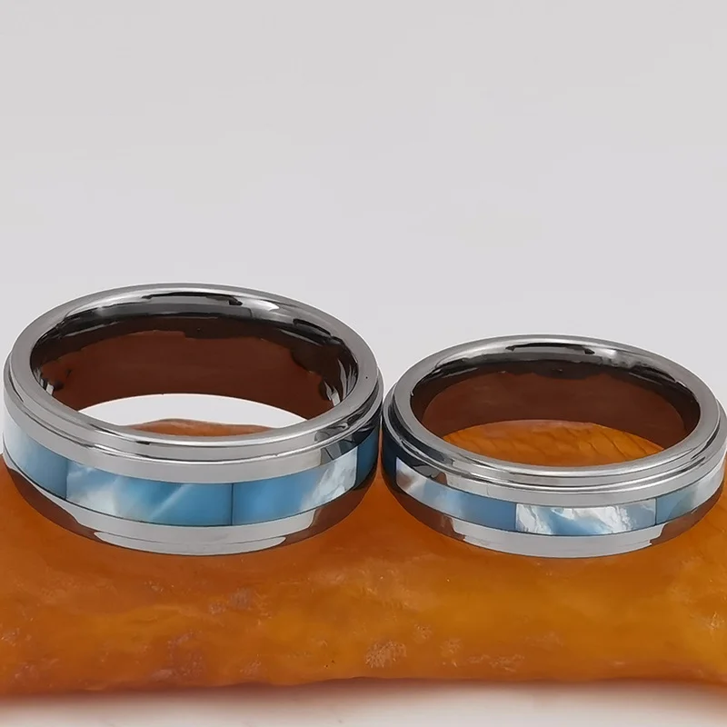 6MM 8MM Silver Women's Or Men's Tungsten Carbide Wedding Rings with Blue Turquoise Inlay Comfort Fit
