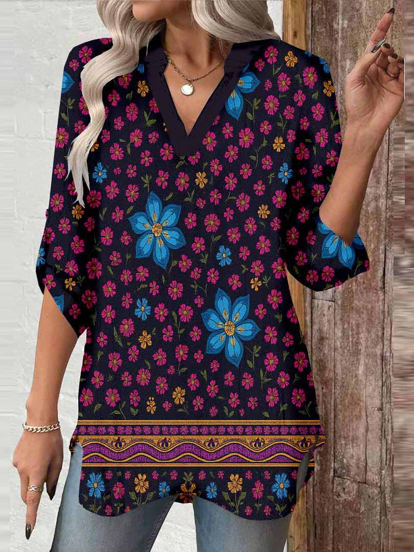 Women Bohemian,Red,Blue,Floral DZGA0281 3/4 Sleeve V-neck Printed Graphic Button Tops