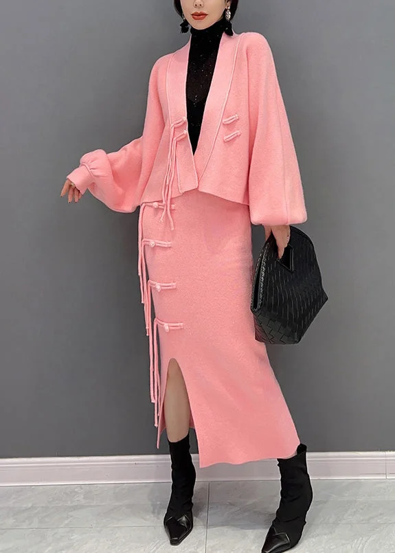 Beautiful Pink V Neck Button Woolen Top And Maxi Skirts Two Pieces Set Winter