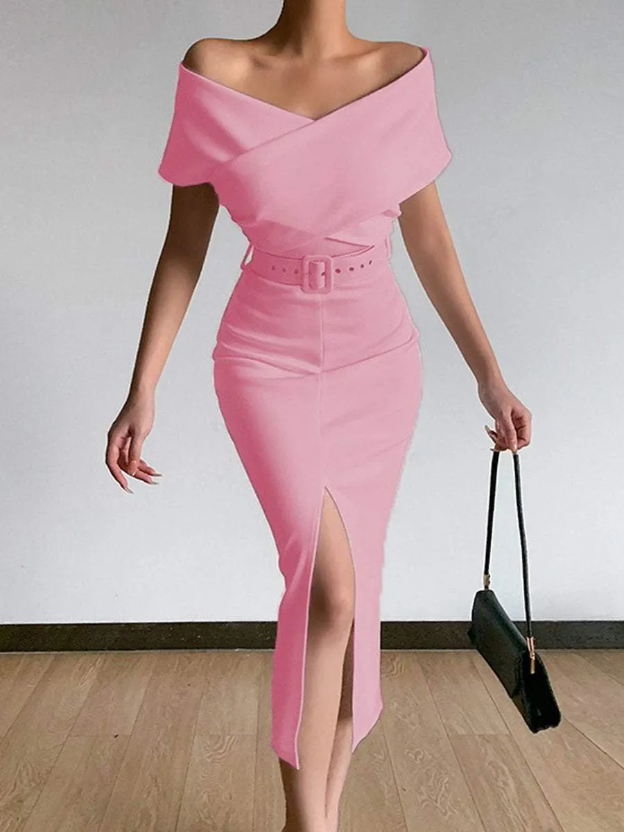 New Off Shoulder Belt Slit Evening Dress