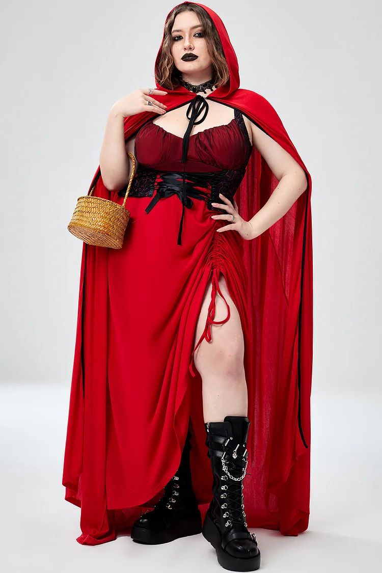 Xpluswear Design Plus Size Halloween Costumes Red Cloak Lace Up Maxi Dress (Only Cloak And Dress) (Ships 24h)