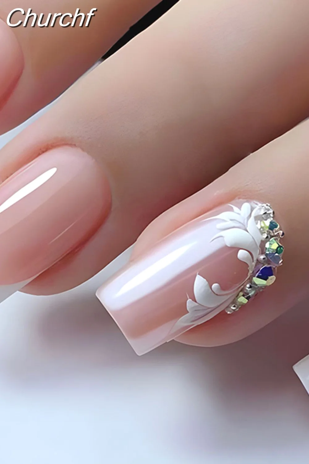 Churchf French White Black Short False Nails with Rhinestone Design Fake Nails Press on Nails Acrylic Full Cover Nail Art Tips-Nail Inspo